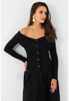 Kadın Siyah Düğme Detaylı Kaşkorse Bluz EY2985