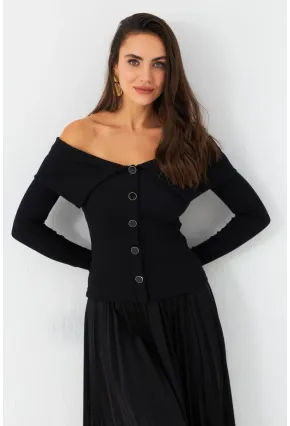 Kadın Siyah Düğme Detaylı Kaşkorse Bluz EY2985