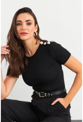 Kadın Siyah Düğme Detaylı Kaşkorse Bluz EY3031
