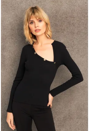Kadın Siyah Düğme Detaylı Kaşkorse Bluz TF54