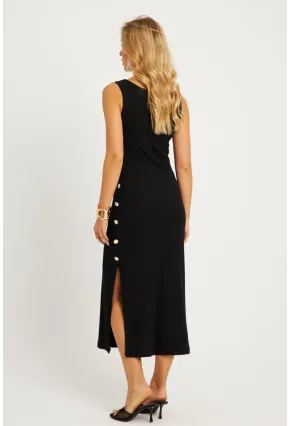 Kadın Siyah Düğme Detaylı Kaşkorse Midi Elbise EY2837