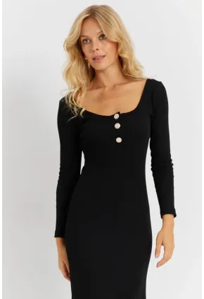Kadın Siyah Düğme Detaylı Kaşkorse Midi Elbise EY2854