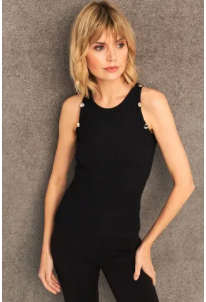 Kadın Siyah Düğme Detaylı Kolsuz Kaşkorse Bluz TF55