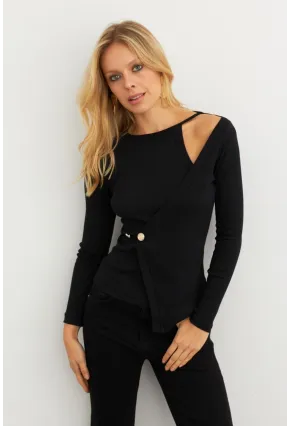 Kadın Siyah Düğme Detaylı Kruvaze Bluz EY3015