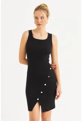 Kadın Siyah Düğme Detaylı Midi Elbise URO1111