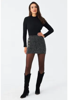 Kadın Siyah Düğme Detaylı Mini Etek RX447