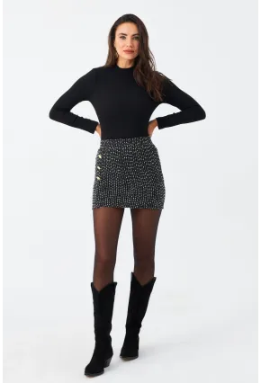 Kadın Siyah Düğme Detaylı Mini Etek RX447