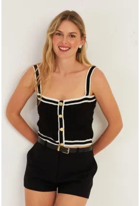 Kadın Siyah Düğme Detaylı Triko Crop Bluz MSS134