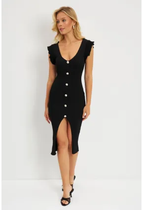 Kadın Siyah Düğme Detaylı Triko Midi Elbise YZ635