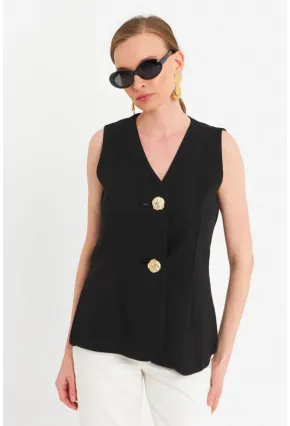 Kadın Siyah Düğme Detaylı Yelek CAR1152