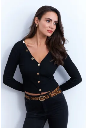 Kadın Siyah Düğmeli Kısa Hırka EY2952