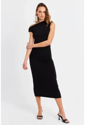 Kadın Siyah Düğümlü Midi Elbise EY3069