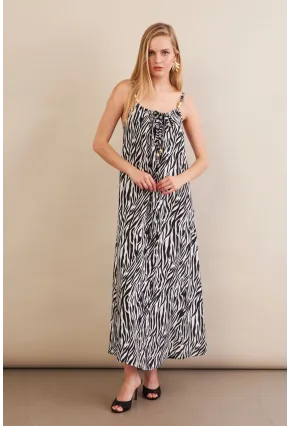 Kadın Siyah-Ekru Boyun Bağlamalı Midi Elbise AN6005