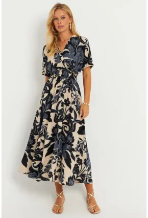 Kadın Siyah-Ekru Desenli Gipeli Midi Elbise YZ1055