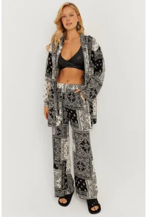 Kadın Siyah-Ekru Desenli Kimono Takım GÇ156