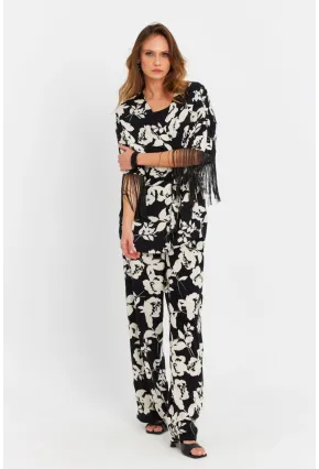 Kadın Siyah-Ekru Desenli Kimono Takım MELT1031