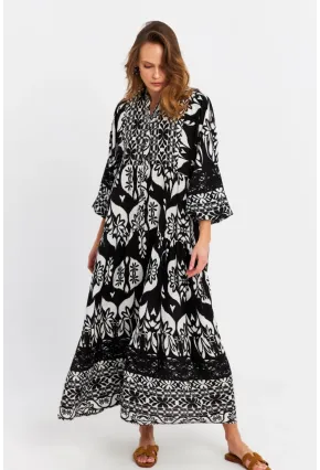 Kadın Siyah-Ekru Desenli Salaş Midi Elbise MALO3002