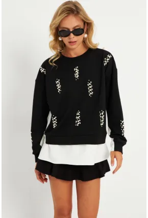 Kadın Siyah-Ekru İncili Sweatshirt RLO01