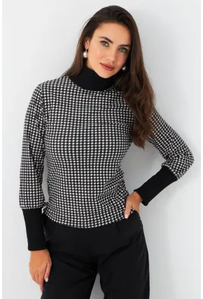 Kadın Siyah-Ekru Kazayağı Balıkçı Bluz EY2972