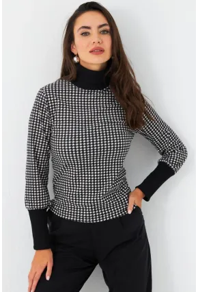 Kadın Siyah-Ekru Kazayağı Balıkçı Bluz EY2972