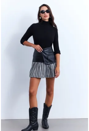 Kadın Siyah-Ekru Kazayağı Suni Deri Mini Etek NH93