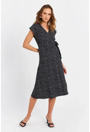 Kadın Siyah-Ekru Kruvaze Puantiyeli Midi Elbise EY3071