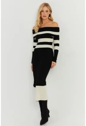 Kadın Siyah-Ekru Madonna Çizgili Triko Midi Elbise KED143