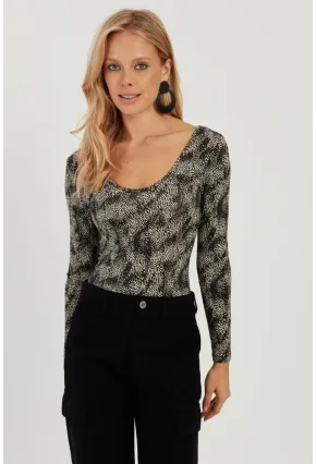 Kadın Siyah-Ekru Ön Arka U Desenli Bluz LPP1266