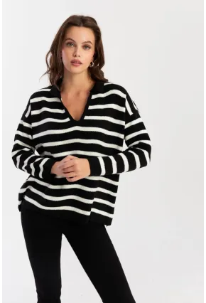 Kadın Siyah-Ekru Polo Yaka Çizgili Triko Kazak SE01