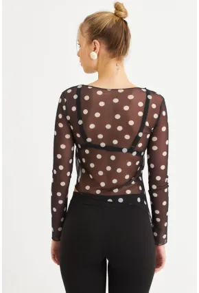 Kadın Siyah-Ekru Puantiyeli Tül Bluz RSP1740