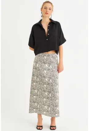 Kadın Siyah-Ekru Saten Midi Etek FİR1970