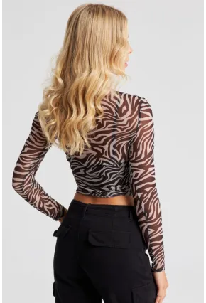 Kadın Siyah-Ekru Zebra Desenli Tül Bluz AYD262