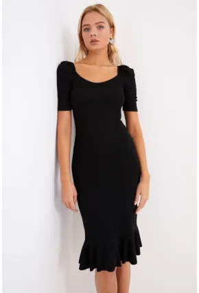 Kadın Siyah Eteği Volanlı Balon Kol Kaşkorse Maxi Elbise Yİ1896