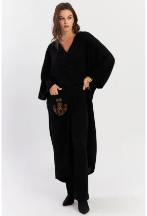 Kadın Siyah Etnik Desenli Maxi Dokuma Elbise ALO318