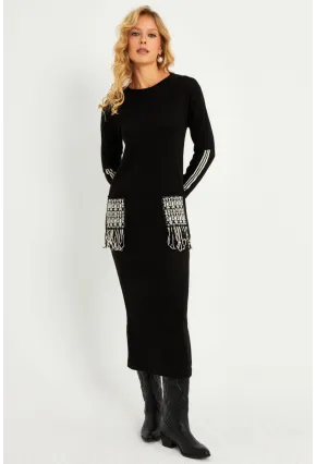 Kadın Siyah Etnik Triko Midi Elbise RH03