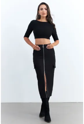 Kadın Siyah Fermuarlı Cepli Midi Etek ELT3999