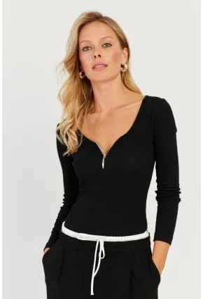 Kadın Siyah Fermuarlı Kaşkorse Bluz EY2713