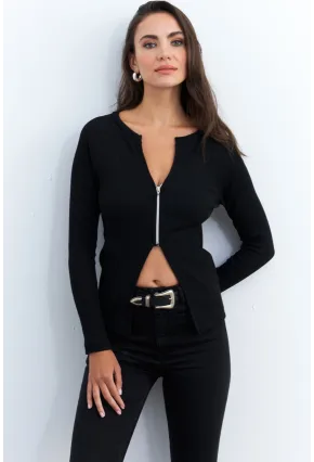Kadın Siyah Fermuarlı Kaşkorse Bluz EY2954