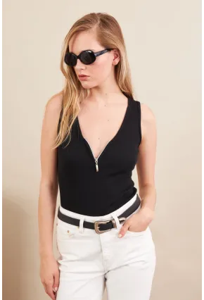 Kadın Siyah Fermuarlı Kaşkorse Bluz EY3106
