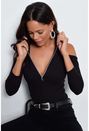 Kadın Siyah Fermuarlı Kaşkorse Bluz Yİ1568