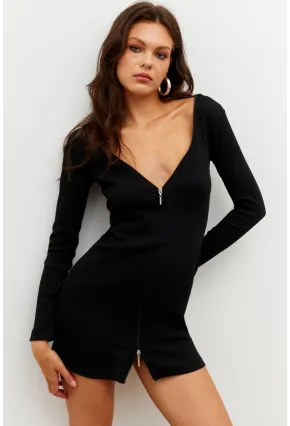 Kadın Siyah Fermuarlı Kaşkorse Mini Elbise EY2530