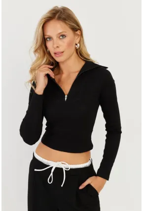 Kadın Siyah Fermuarlı Kısa Bluz CY336