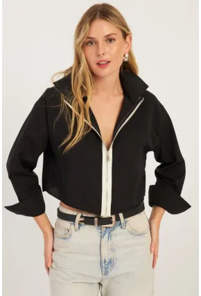 Kadın Siyah Fermuarlı Kısa Gömlek SF2541