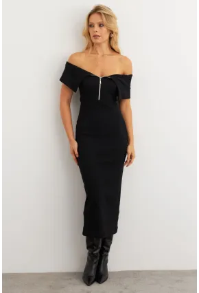 Kadın Siyah Fermuarlı Madonna Yaka Midi Elbise EY3011