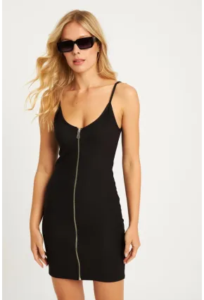 Kadın Siyah Fermuarlı Mini Elbise CY380
