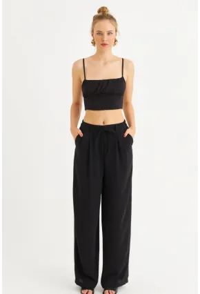 Kadın Siyah Fermuarlı Palazzo Pantolon MON143