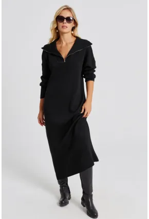 Kadın Siyah Fermuarlı Triko Maxi Elbise SF2525