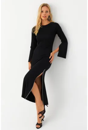 Kadın Siyah Fermuarlı Yırtmaçlı Kaşkorse Midi Elbise EY2990