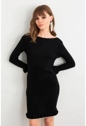 Kadın Siyah Fırfırlı Basic Triko Midi Elbise SF2559