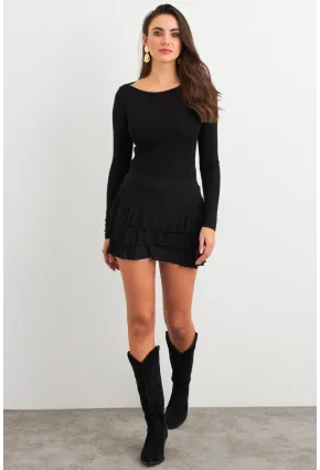 Kadın Siyah Fırfırlı Şort Etek ELT3915